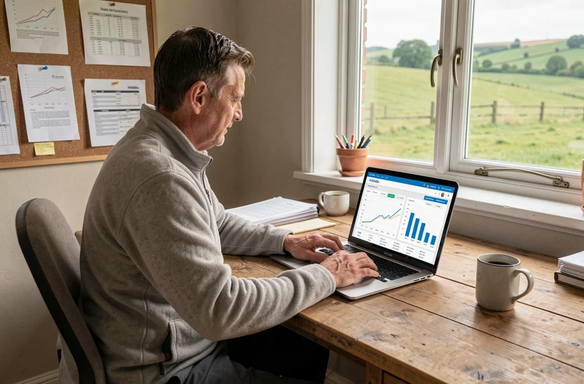 Technicien agricole consultant les données qualité lait sur la plateforme Infolabo depuis un bureau de ferme avec vue sur prairie