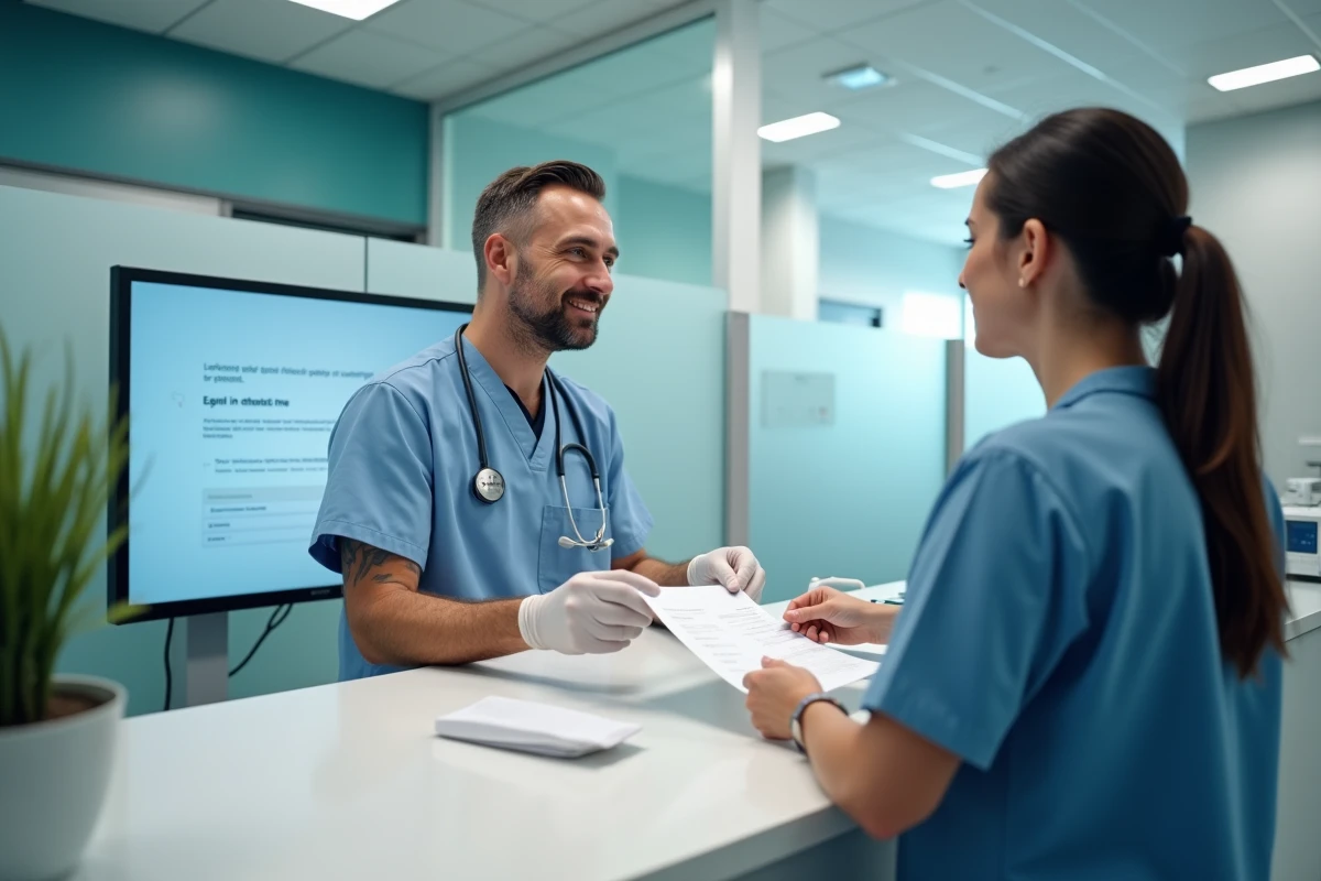 Technicien de laboratoire remettant des résultats d'analyses à un patient à l'accueil d'un laboratoire médical avec interface numérique visible en arrière-plan