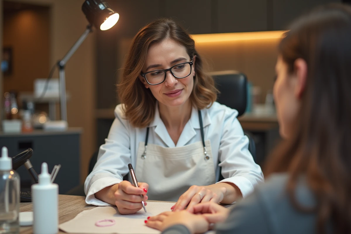 Technicienne en ongles examinant &agrave; la loupe un ongle semi-permanent d'une cliente dans un salon de manucure professionnel