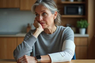 Femme comparant un tensiomètre médical à brassard et une montre connectée pour mesurer sa tension artérielle