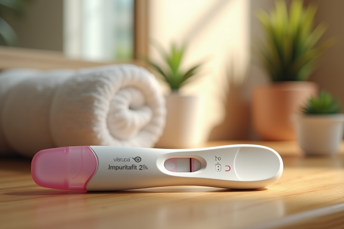 Test de grossesse dans la salle de bain avec décoration naturelle