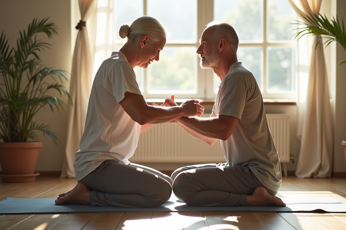 Therapeute aidant un homme age en yoga dans un studio clair