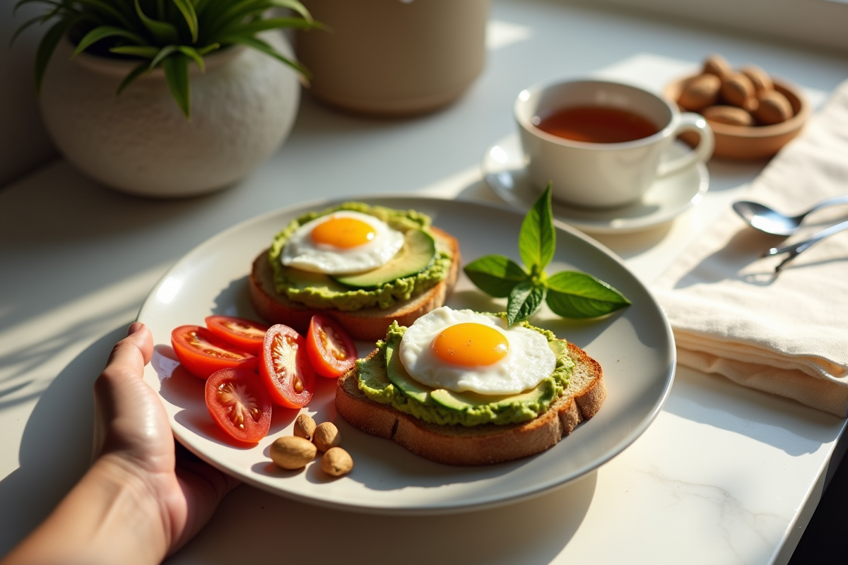 Personne tenant une assiette d’avocat toast et oeufs pochés