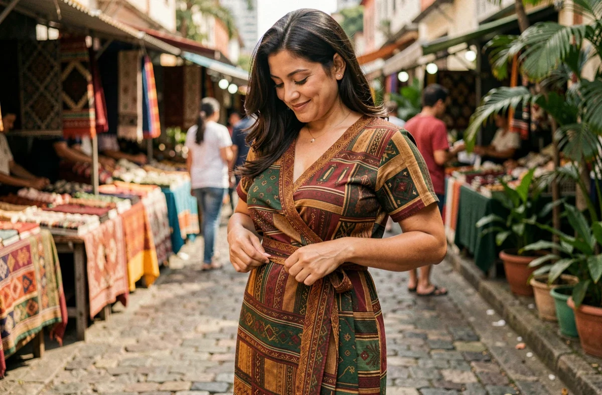 Femme sud-américaine en robe portefeuille ajustée à la taille dans un marché coloré de São Paulo