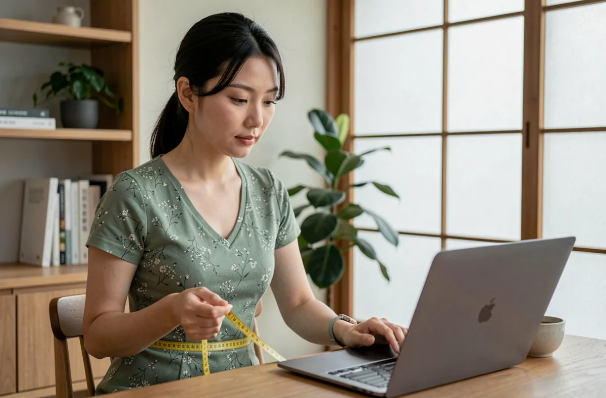 Femme asiatique consultant un guide de tailles internationales avec un mètre ruban autour de la taille dans un appartement moderne