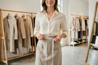 Femme européenne mesurant son tour de taille avec un mètre ruban dans une boutique de mode parisienne