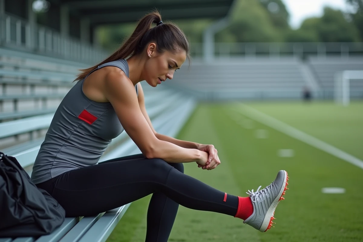 Sportive assise en bord de terrain inspectant une blessure à l'ongle du pied après un accident sportif