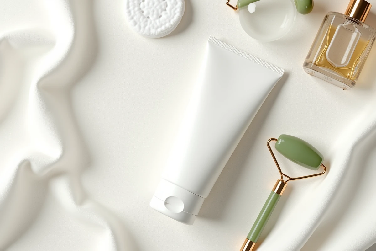 Tube de crème Ialuset posé sur un tissu blanc avec des accessoires de soin de la peau en vue de dessus