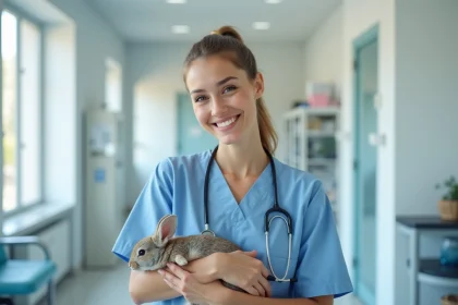 Assistante veterinaire souriante avec un lapin dans une clinique