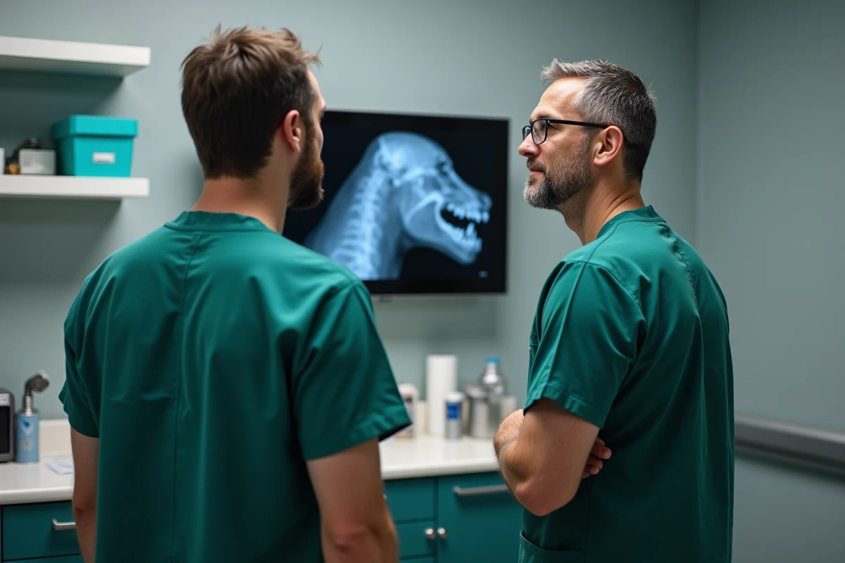 Veterinaire examine une radiographie dans une salle de consultation