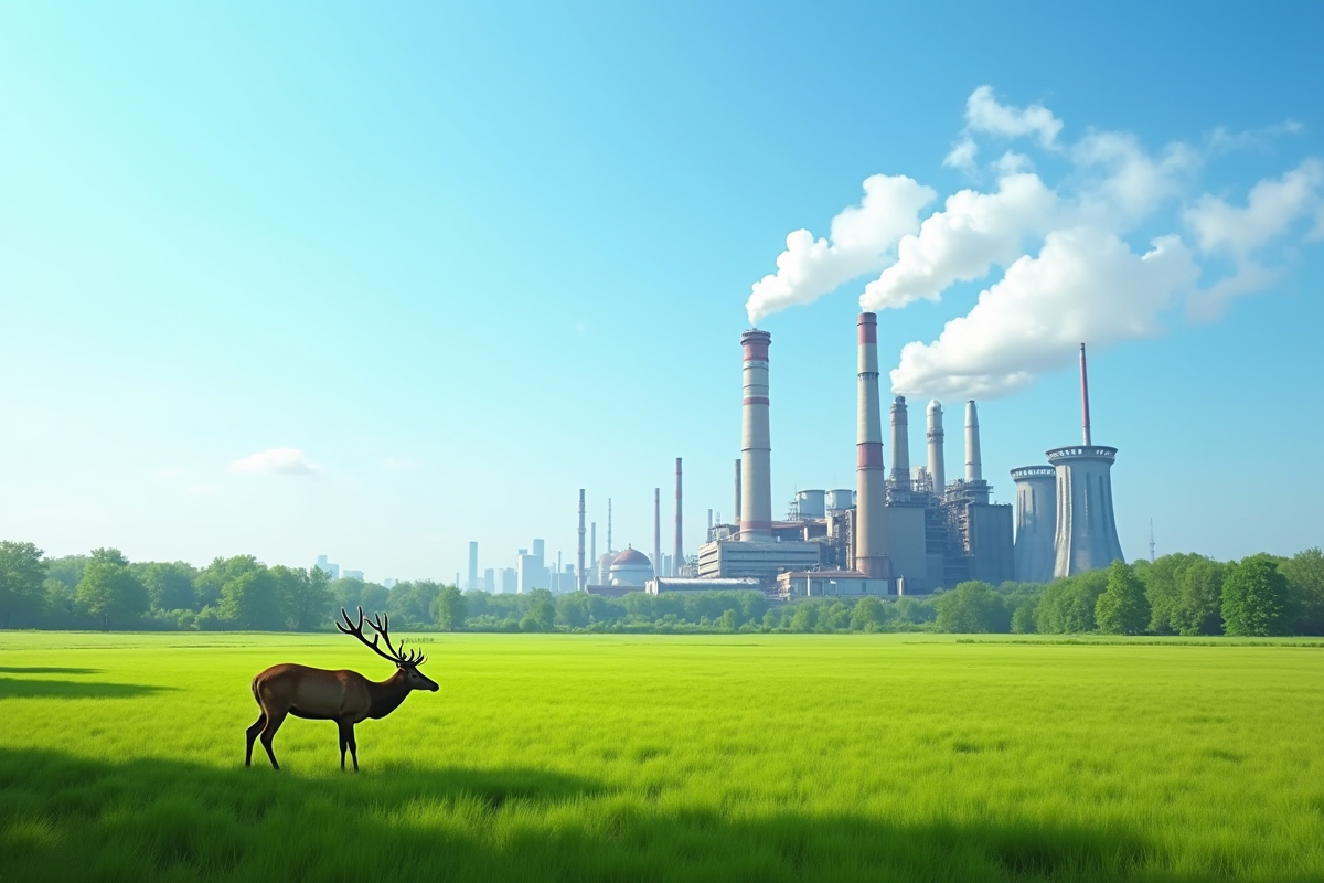 Zone industrielle avec fumée et forêt avec cerfs en plein soleil